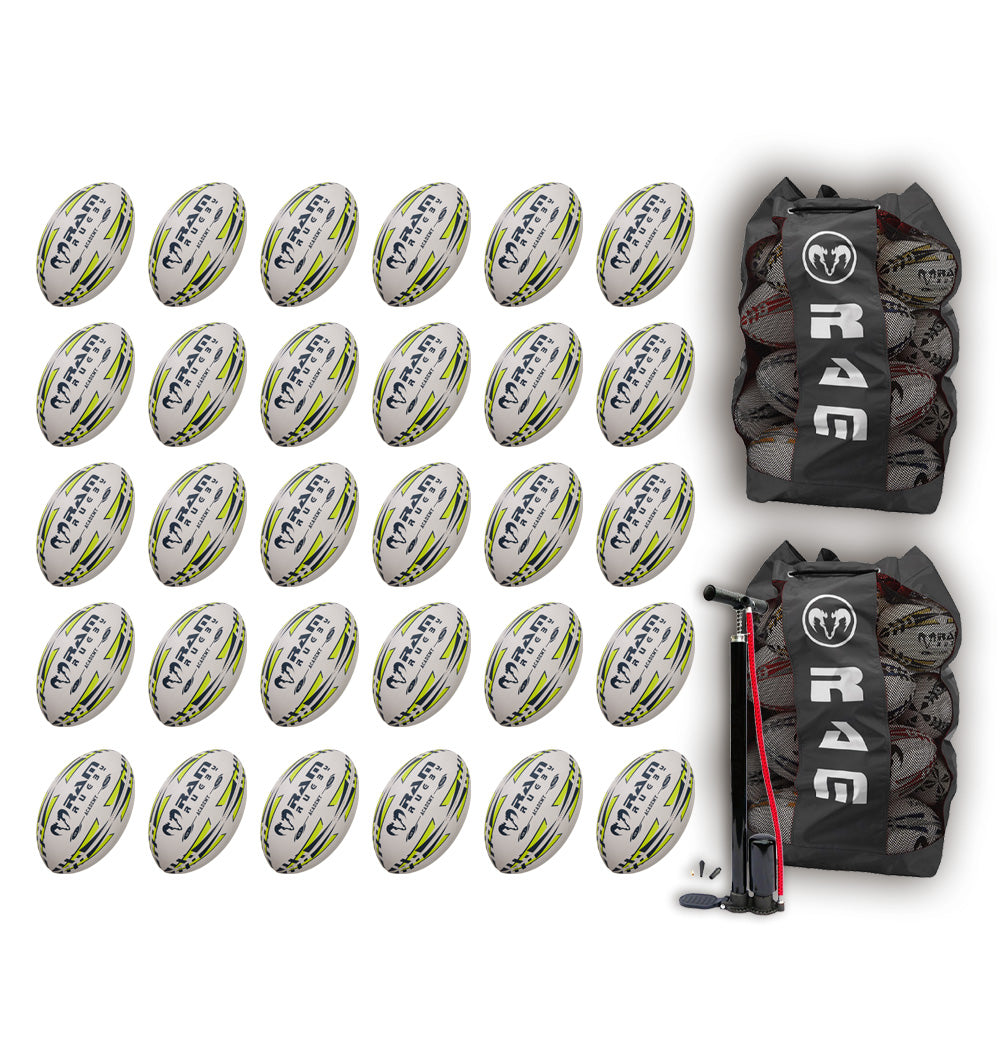 Ram Rugby Academy Trainer Ball Bundle showing 30 orange junior rugby balls with two large black breathable storage bags