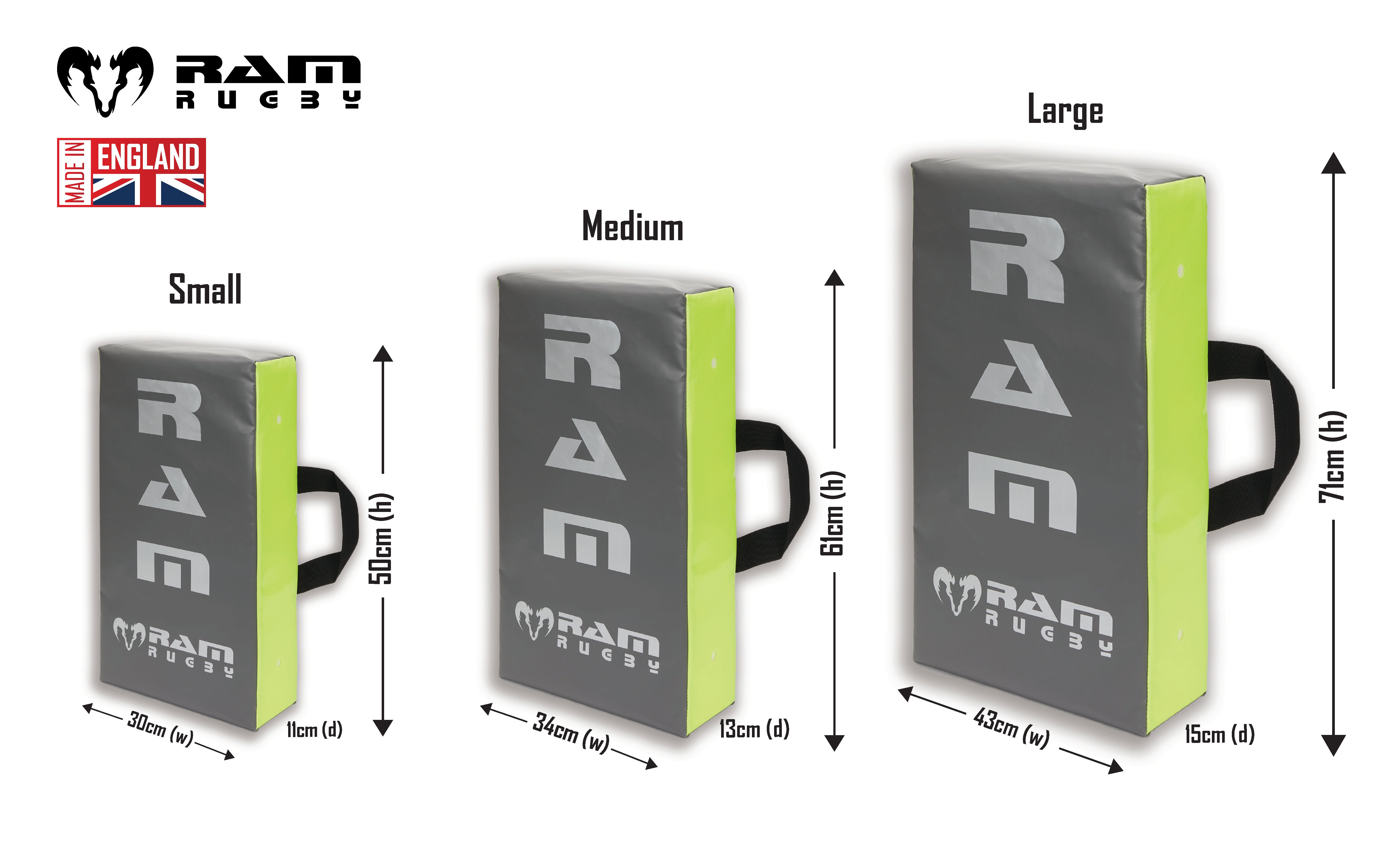 Ram Rugby Flat Hit Shield in neon yellow and grey with durable PVC and high-density foam for rugby training impact absorption