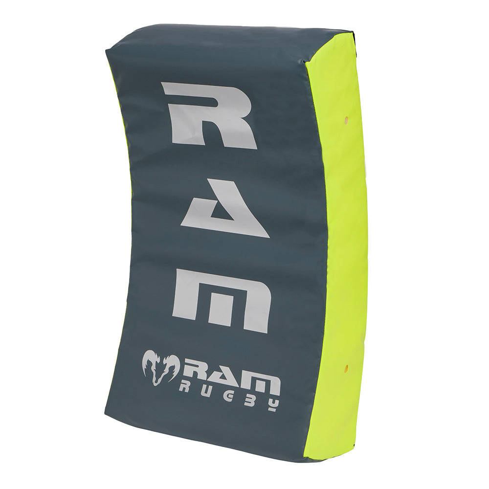 Ram Rugby Curve Hit Shield in blue with black straps, designed for versatile rugby contact training and skill development