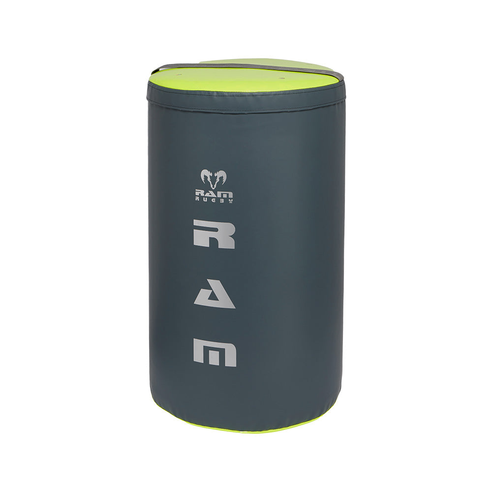 Ram Rugby Weighted Half Tackle Bag in blue with black straps, designed for rugby training and tackling drills.