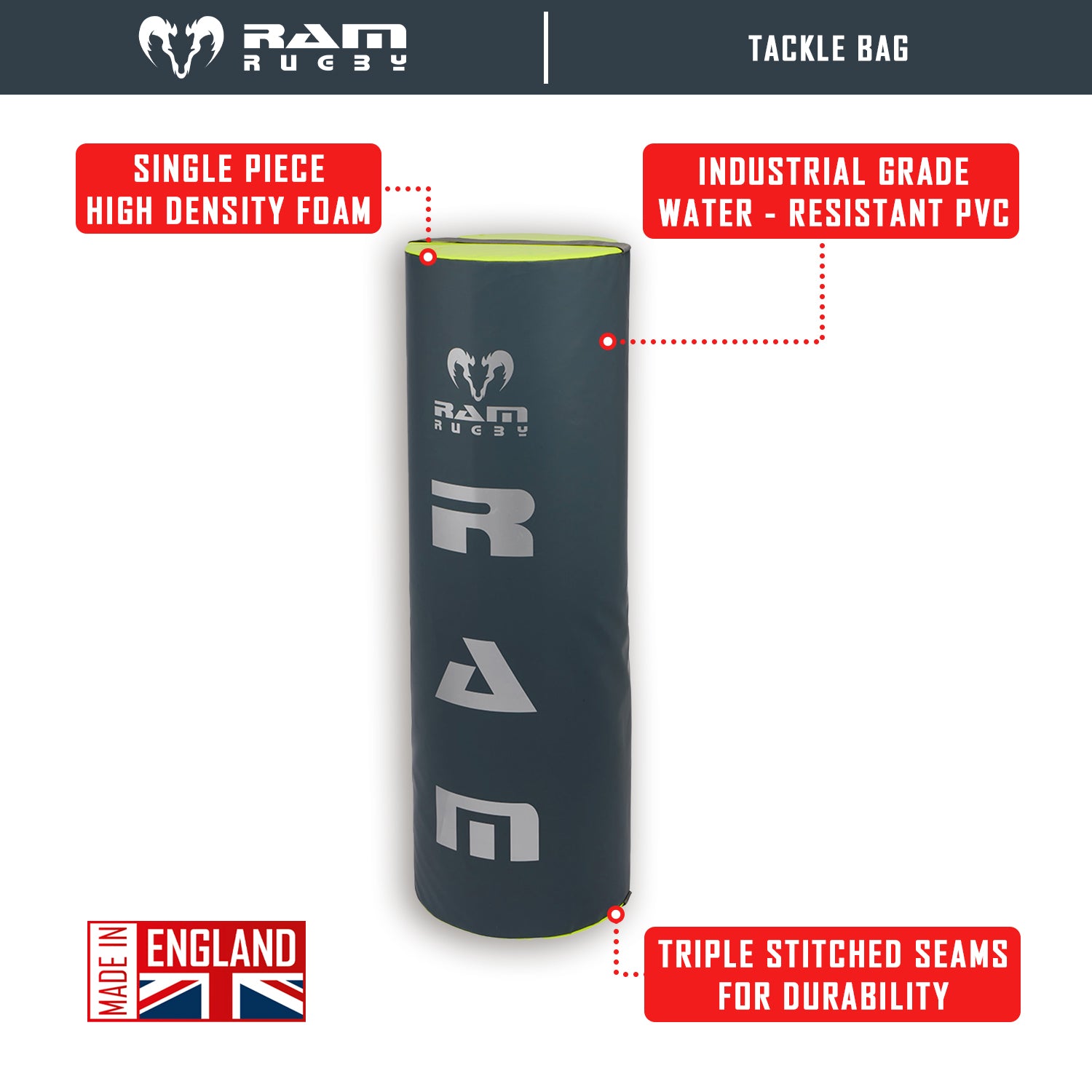 Ram Rugby high-density foam tackle bag with durable PVC cover designed for rugby training, weighing 8KG to 20KG options