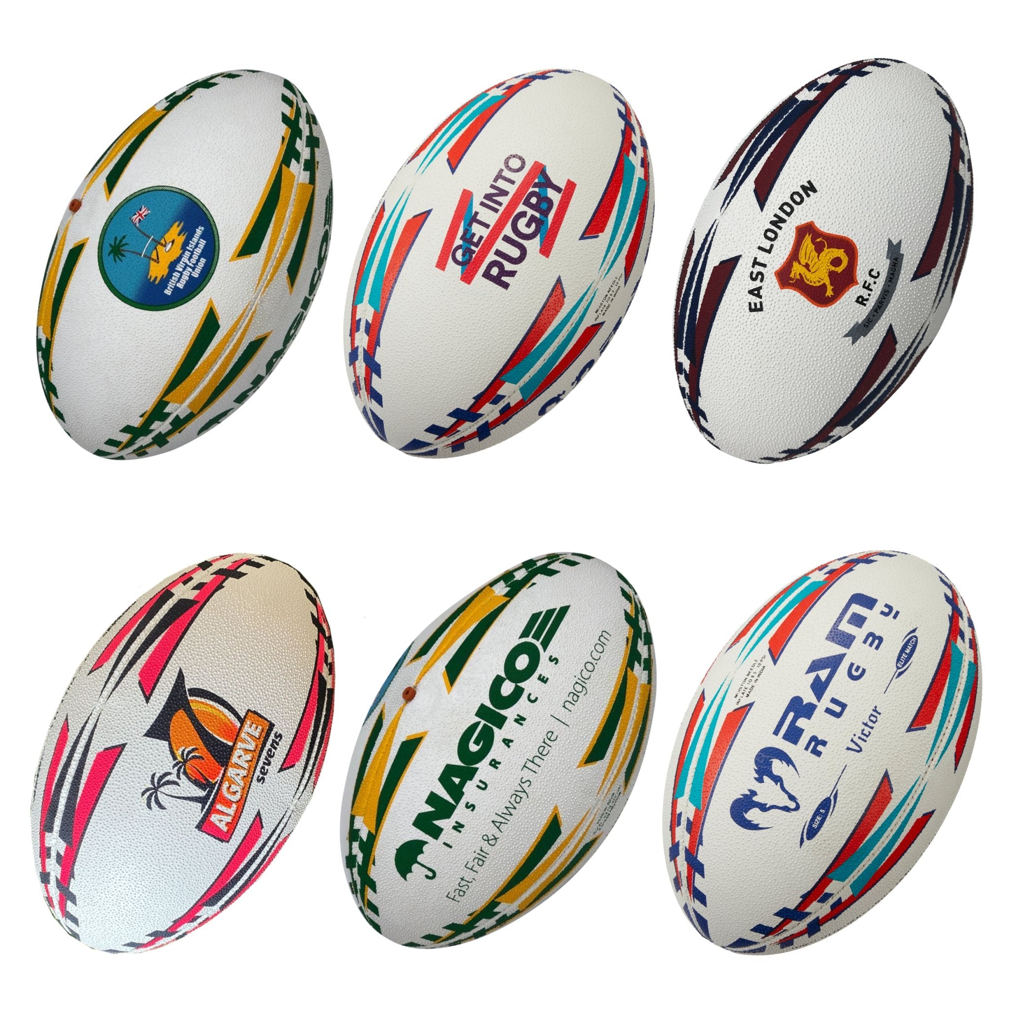 Ram Rugby custom match and training rugby balls with branded ball bags and colorful training bibs for clubs and schools