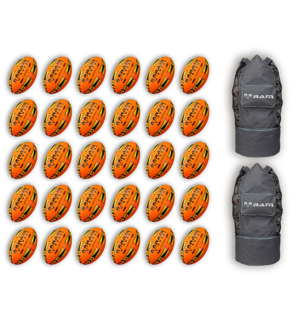 Ram Rugby Gripper 2.0 Pro Trainer Neon Ball Bundle with 30 vibrant yellow, orange, and green rugby balls arranged with two breathable bags