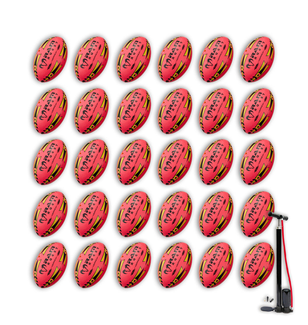 Ram Rugby Gripper 2.0 Pro Trainer Neon Pink bundle showing 30 vibrant rugby balls with two breathable carrying bags