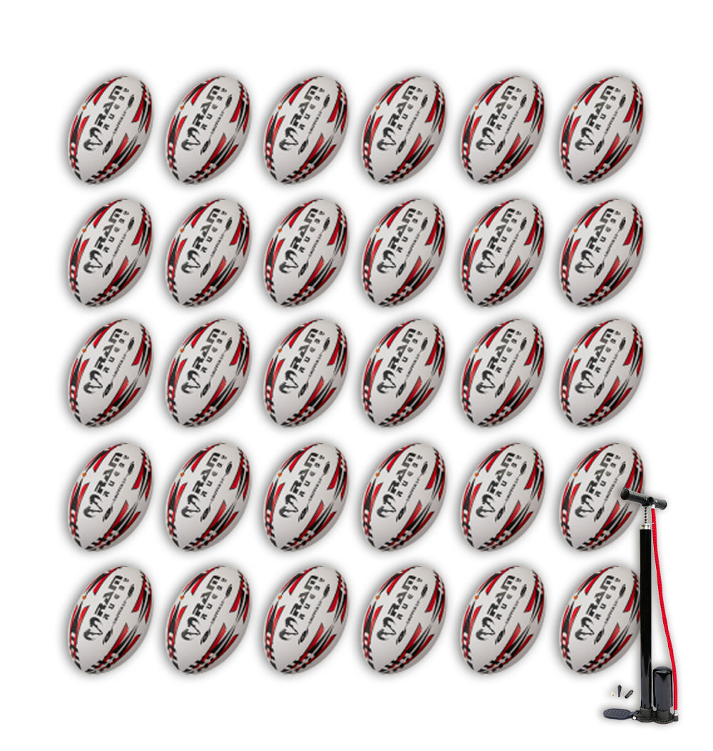 Thirty Ram Rugby Gripper 2.0 Pro Trainer rugby balls stacked inside two breathable black storage bags for team training.