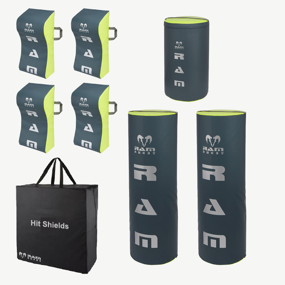 Ram Rugby Collision Training Bundle showing four blue Wave Hit Shields and one large blue Hit Shield B for rugby coaching