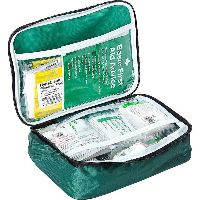 Allsports Compact Team First Aid Kit open showing organized medical supplies for treating minor sports injuries outdoors