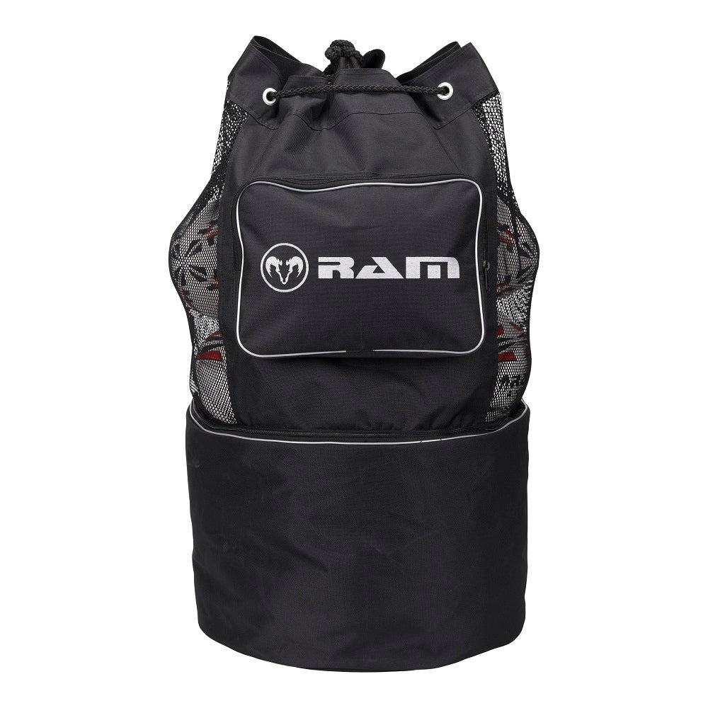 Ram Rugby Coaches breathable ball bag showing durable mesh, vinyl compartments, and multiple zippered storage pockets.