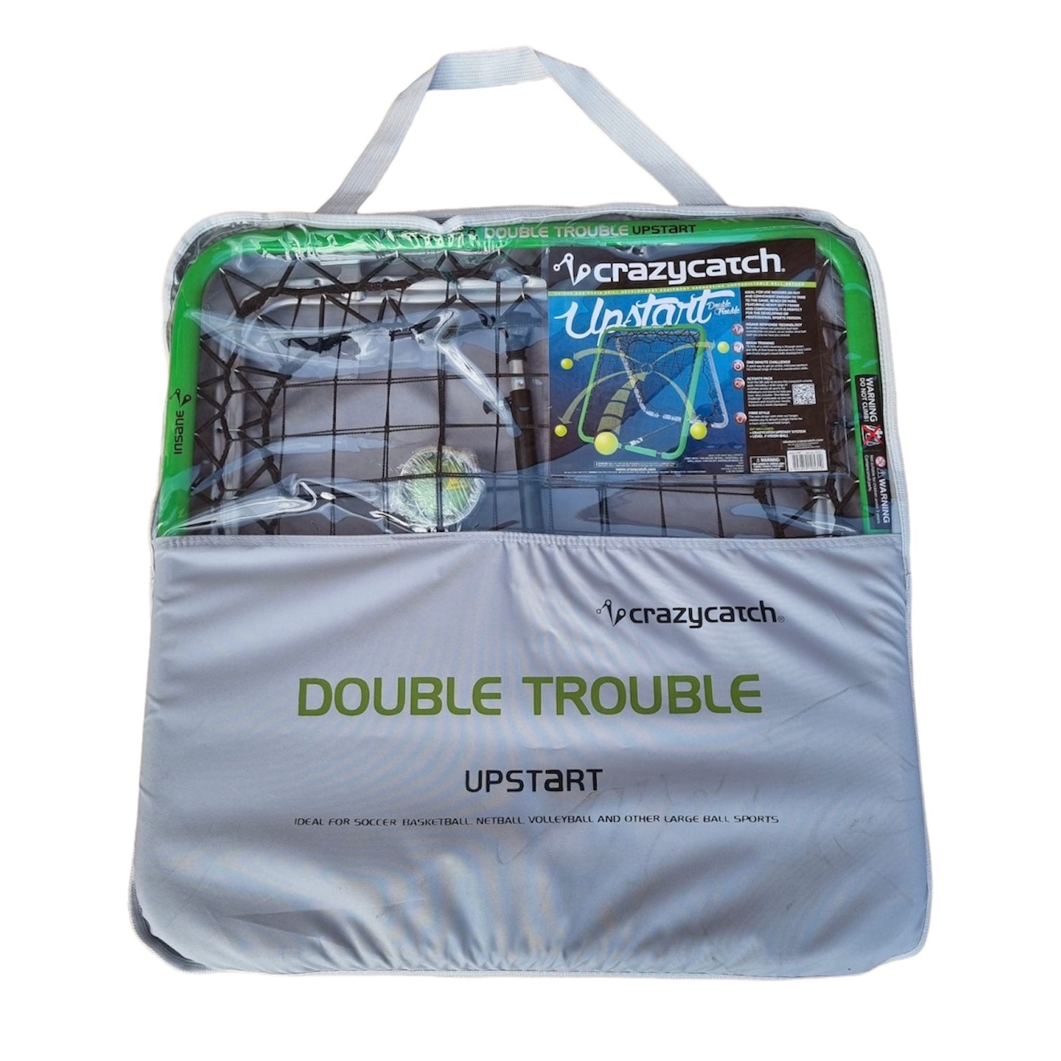 Crazy Catch Upstart 2.0 portable rebound net in use, double-sided black mesh for hand-eye coordination training outdoors