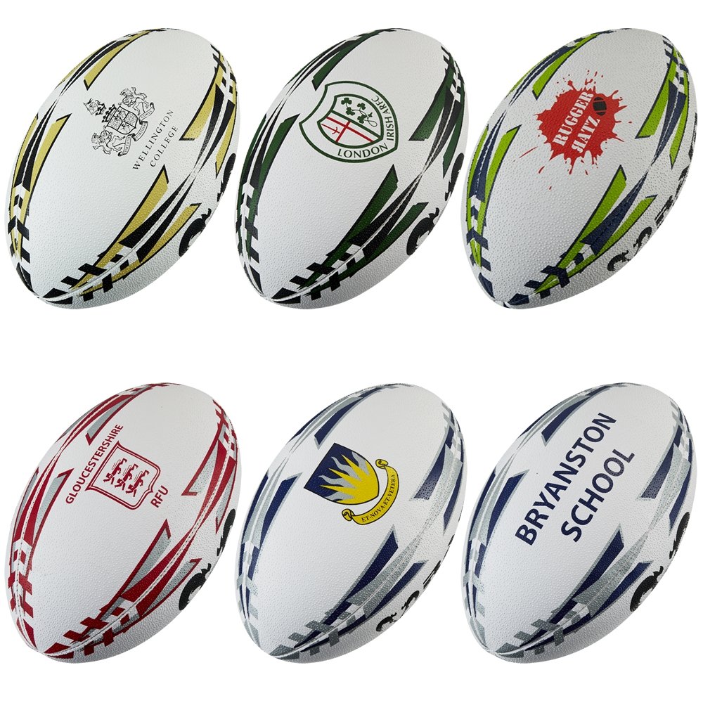 Ram Rugby custom rugby ball bundle with printed logos, includes match and training balls plus breathable backpack bags.