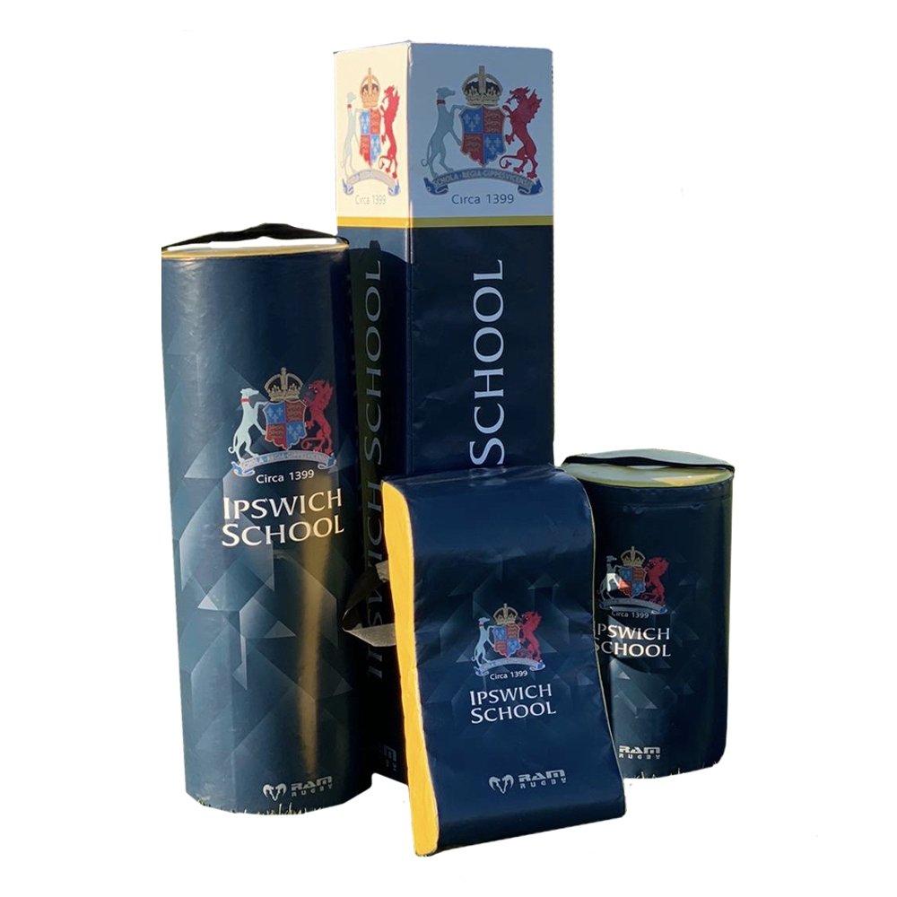 Ram Rugby custom hit shield in blue and white with multiple logos, designed for rugby training and contact drills.