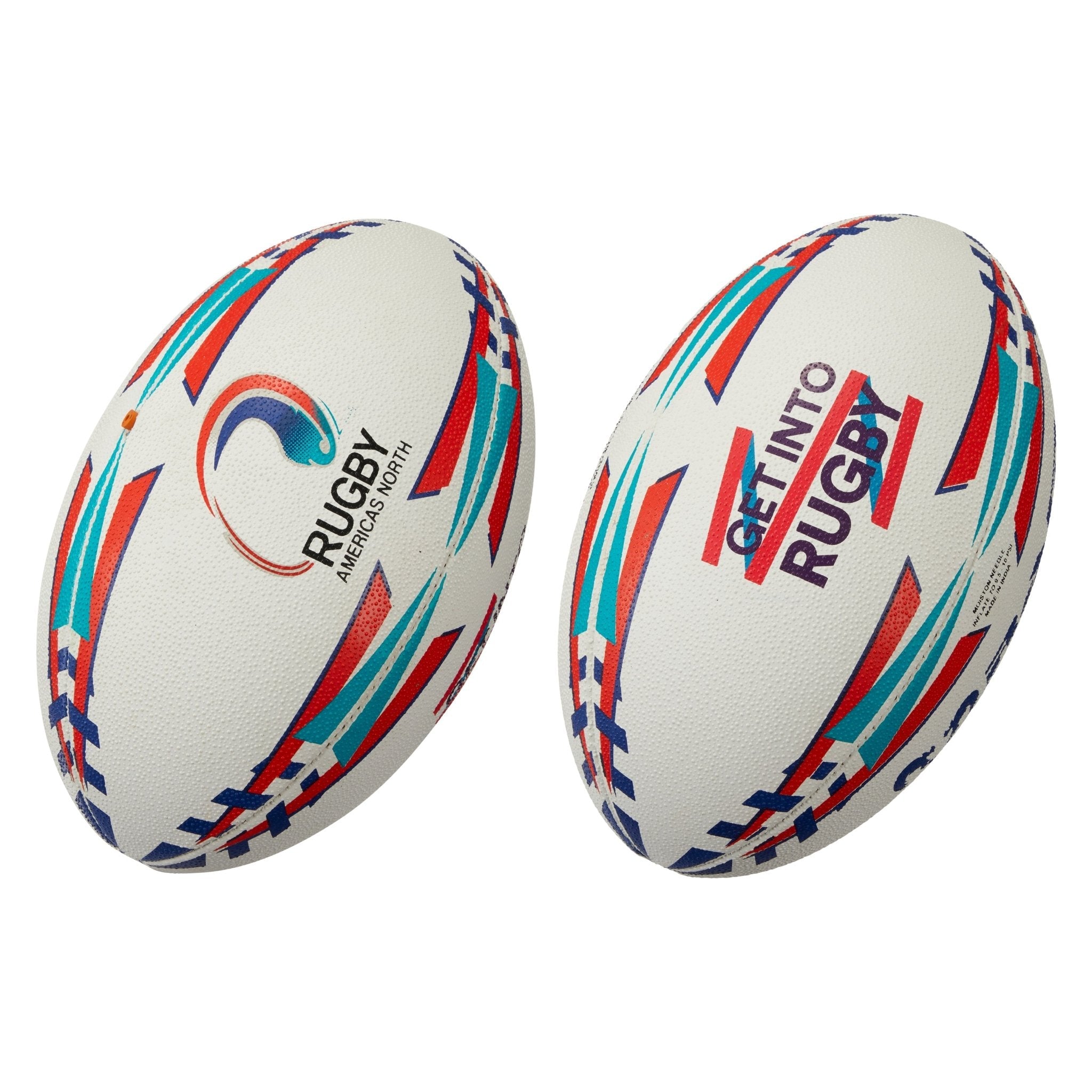 Ram Rugby Victor Raider Touch custom printed rugby balls in white with full-color logos for clubs and sponsors, 8-week delivery