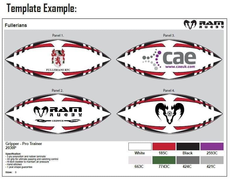 Ram Rugby Custom Printed Micro Rugby Balls in size 2.5, colorful design with team logos, ideal for kids ages 4-6 years