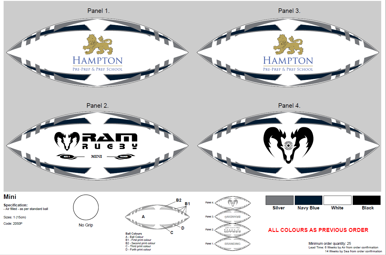 Ram Rugby custom mini and midi printed rugby balls featuring colorful logos, ideal for clubs, schools, and promotions