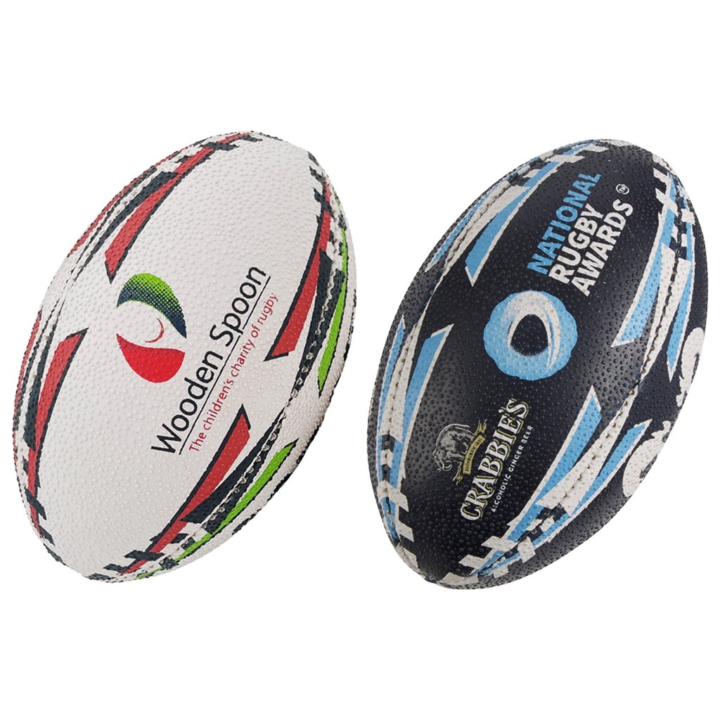 Ram Rugby custom mini and midi printed rugby balls in vibrant colors with personalized logos, ideal for clubs and promotions