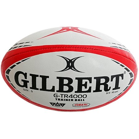 Gilbert G-TR4000 rugby training ball in size 3-5 showing durable TRI grip and water-resistant polycotton finish for practice