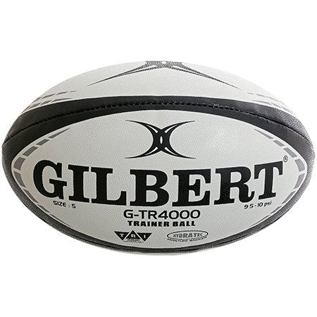 Gilbert G-TR4000 rugby training ball close-up showing durable grip, hand-stitched seams, and water-resistant finish