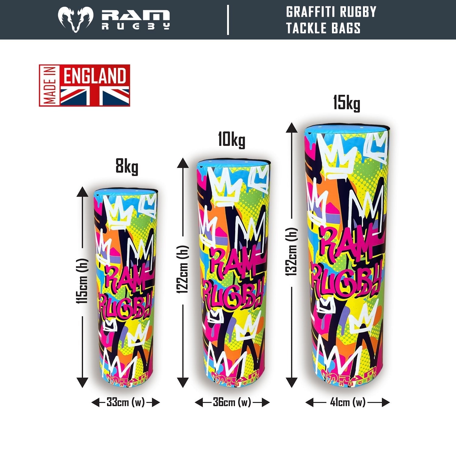 Ram Rugby Graffiti Design Tackle Bag in vibrant colors with water-resistant PVC shell and high-density foam core for rugby training