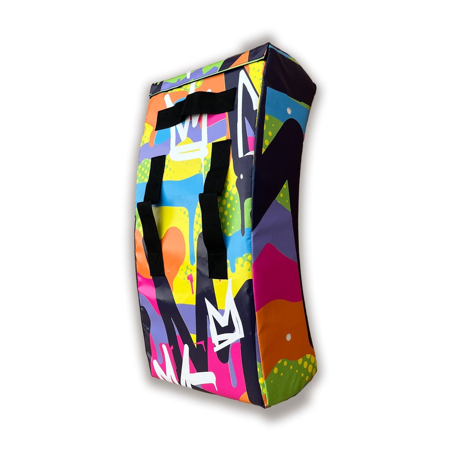 Ram Rugby Graffiti Design curved hit shield with water-resistant PVC, shown held horizontally for rugby training drills