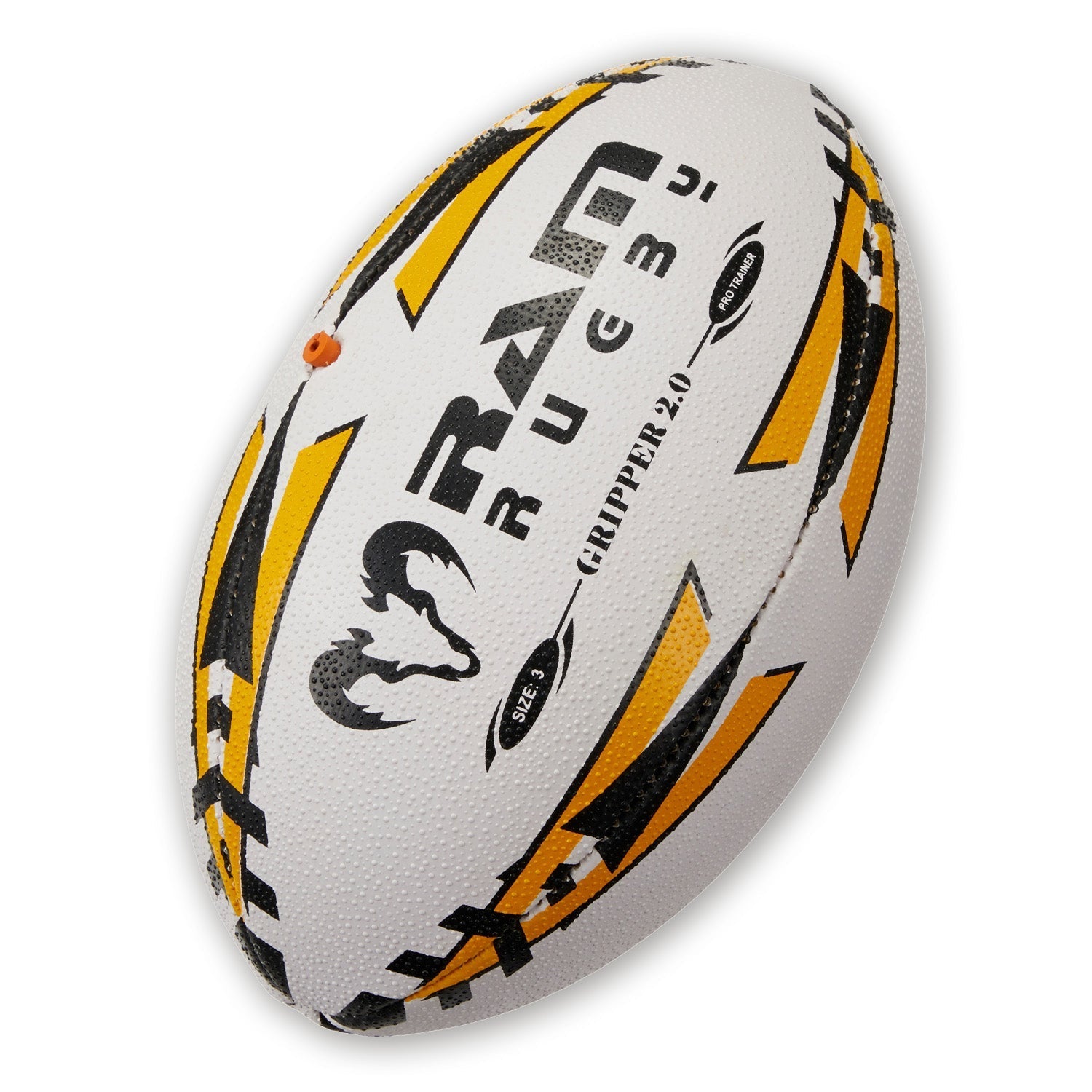 Ram Rugby Gripper 2.0 Pro Trainer Ball in white and yellow with 3D grip, ideal for junior rugby training and durability.
