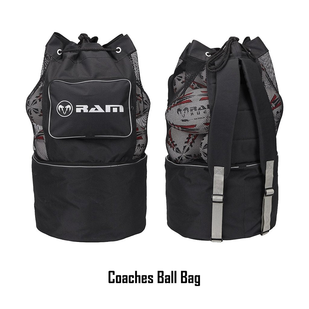 Thirty Ram Rugby Gripper 2.0 Pro Trainer rugby balls stacked with two black breathable storage bags for training and transport.