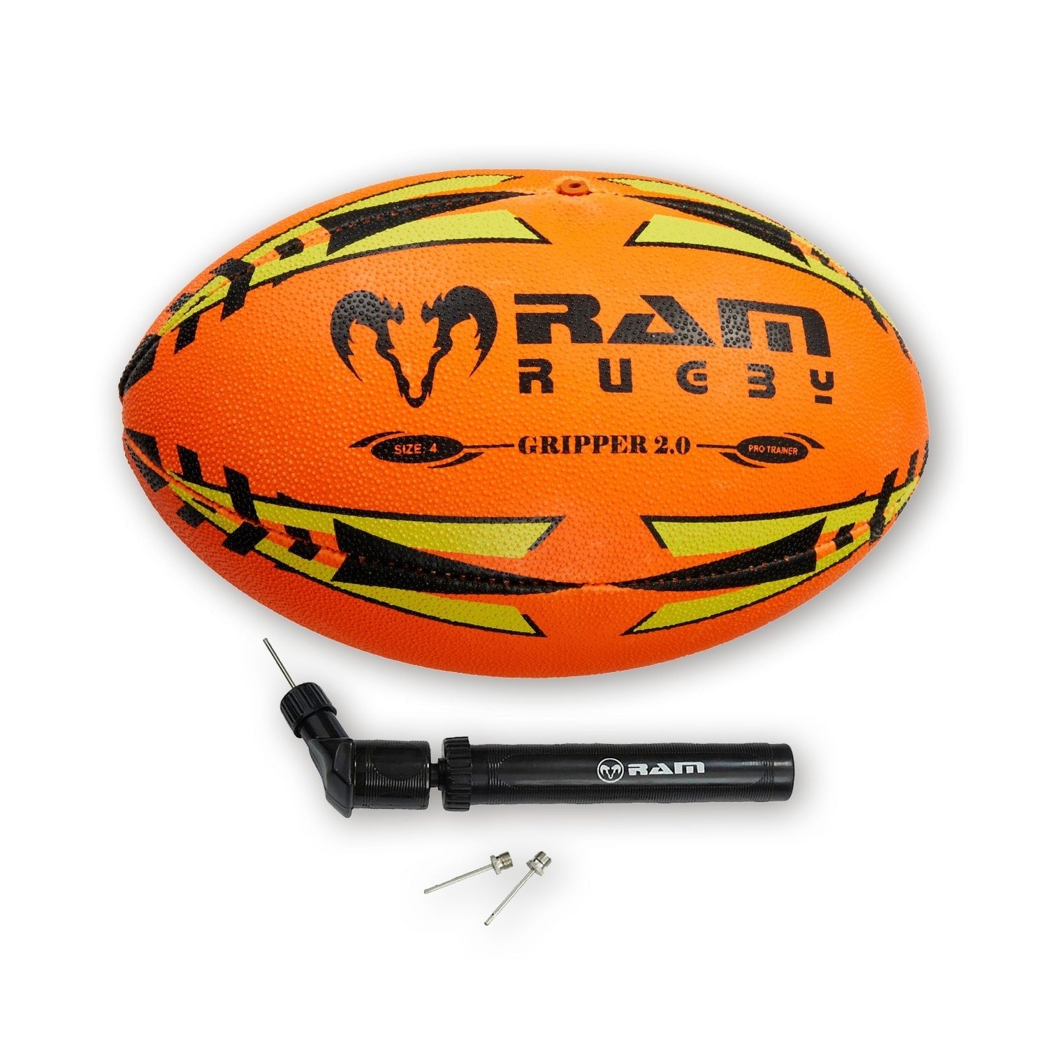 Ram Rugby Gripper 2.0 Neon Pro Trainer Ball showing 3D grip texture and durable rubber laminate for junior training sessions