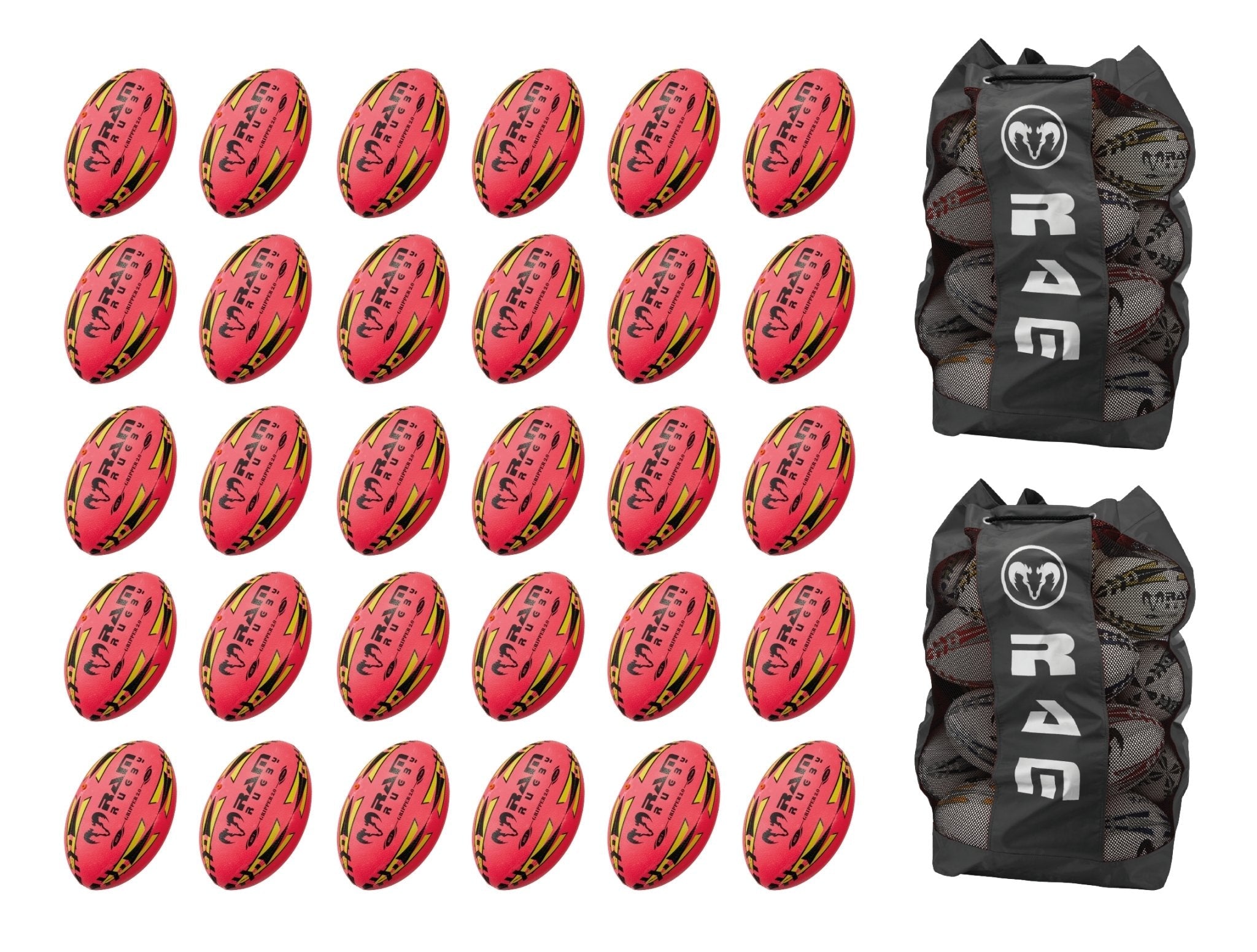 Ram Rugby Gripper 2.0 Pro Trainer Neon Pink rugby balls bundle featuring 30 size 5 balls with two breathable storage bags