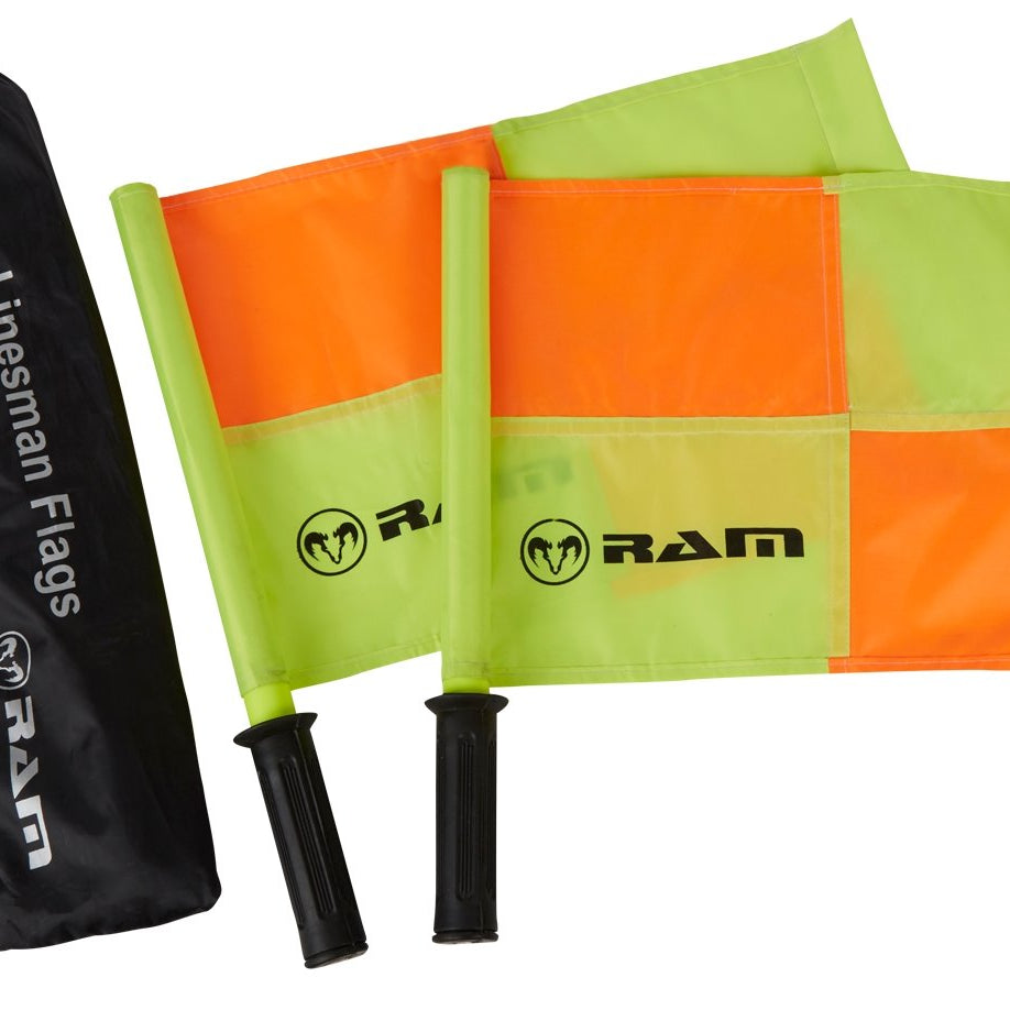 Ram Rugby linesman flags set with two brightly colored flags, foam grips, and a black storage bag for easy transport