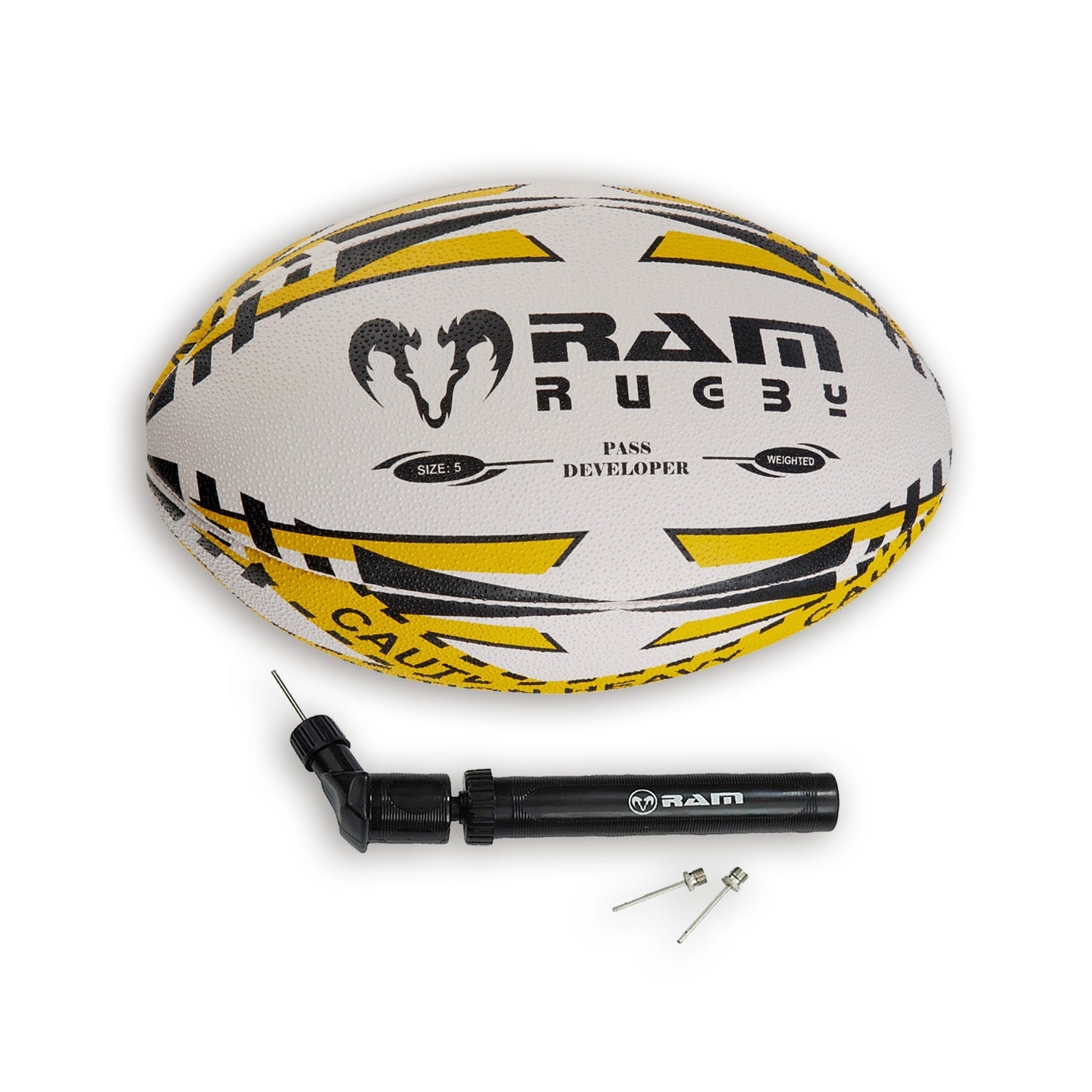 Ram Rugby Pass Developer weighted training ball in durable 5-ply cotton canvas with 3D grip for improved passing control