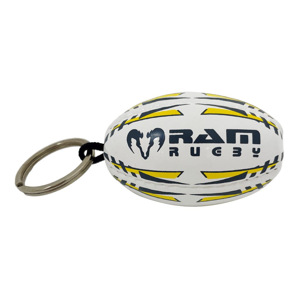 Ram Rugby Softee soft PVC rugby ball keyring in yellow and black, 5cm size, cotton-filled for a soft feel keychain accessory