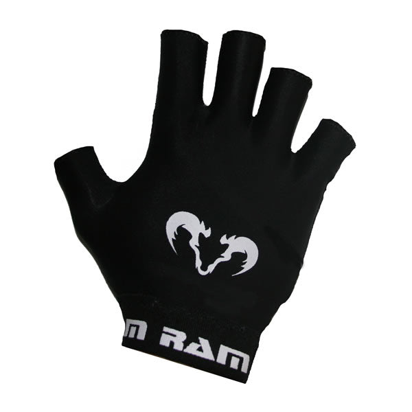 Ram Rugby black grip mitts with rubberized palms, cotton lycra fabric, designed for rugby ball handling and warmth.