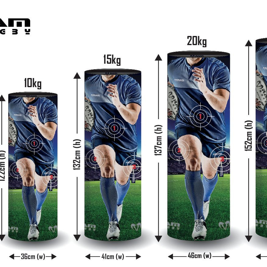 Ram Rugby Target Tackle Bags in blue and red foam for rugby training, showing three safe tackle zones on each bag surface.