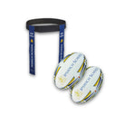 Set of Ram Rugby custom training balls and tag belts in vibrant colors, designed for team practice and sponsorship branding