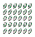 Ram Rugby Academy Trainer Ball Bundle with 30 red and white training rugby balls stacked next to two black breathable storage bags.