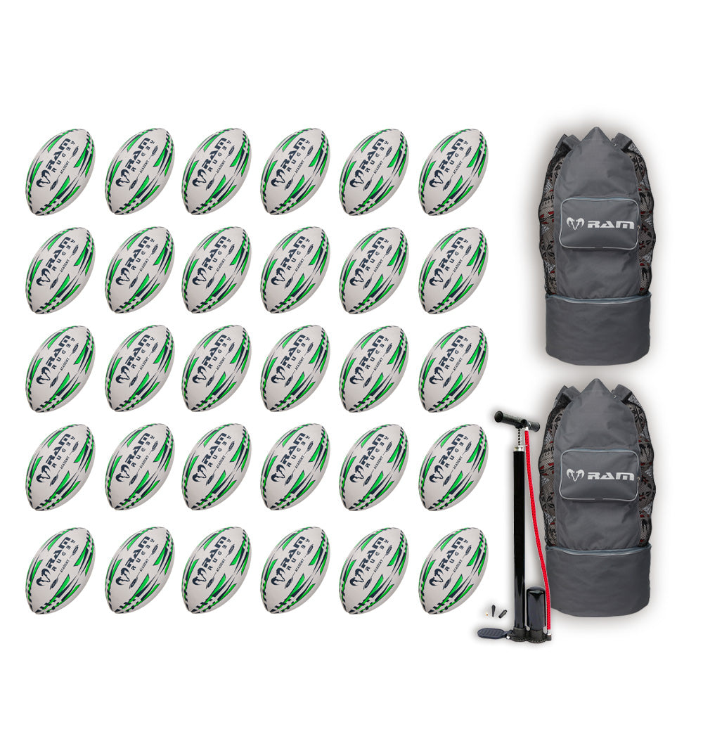 Ram Rugby Academy Trainer Ball Bundle 30 pack showing multiple blue and white rugby balls stored in breathable bags for training.