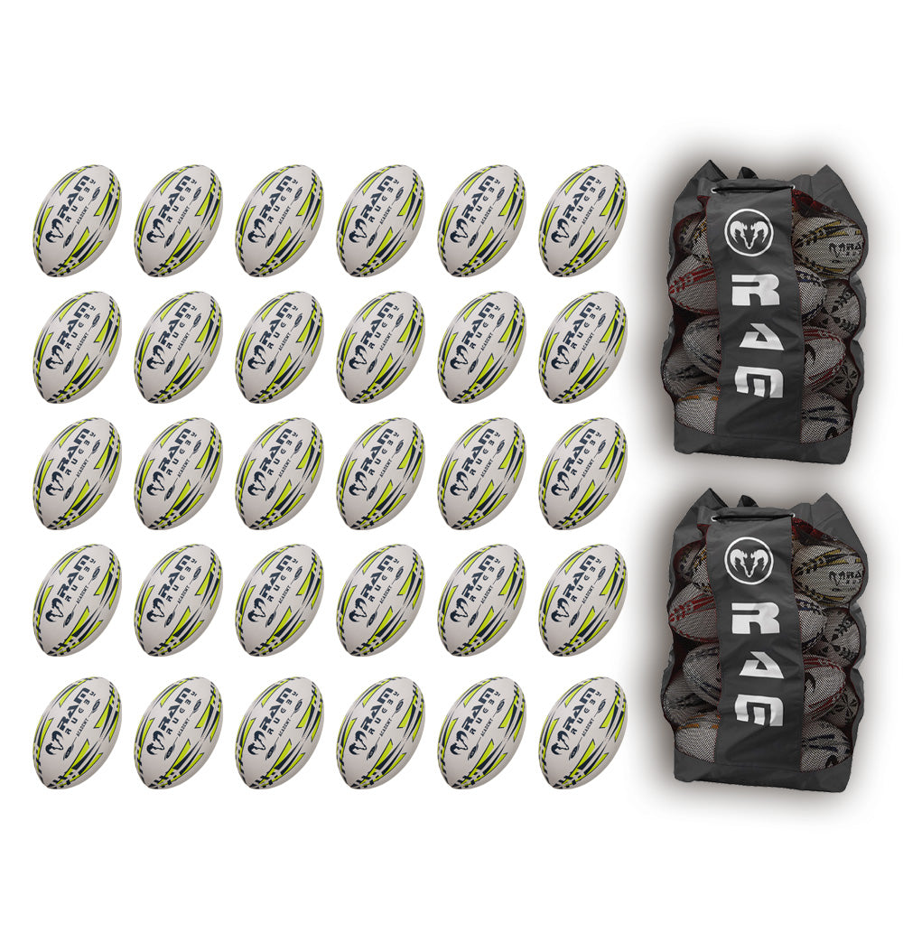 Thirty Ram Rugby Academy Trainer Balls neatly stacked with two black breathable storage bags for youth rugby training sessions