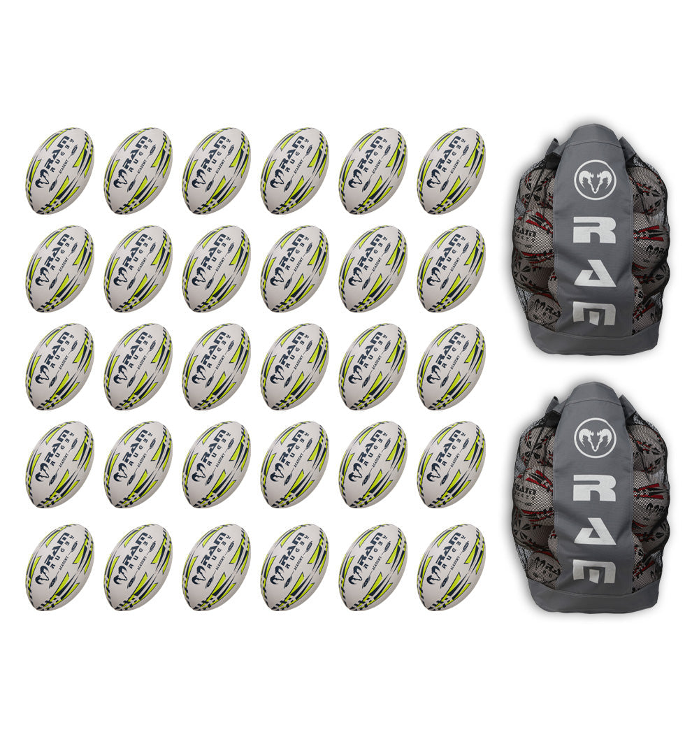 Thirty Ram Rugby Academy Trainer Balls in a large stack with two breathable storage bags for youth rugby training sessions.