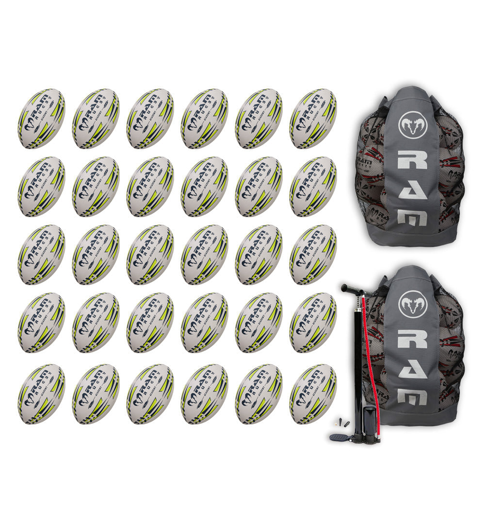 Ram Rugby Academy Trainer Ball Bundle showing 30 red and white training rugby balls with breathable storage bags for youth practice