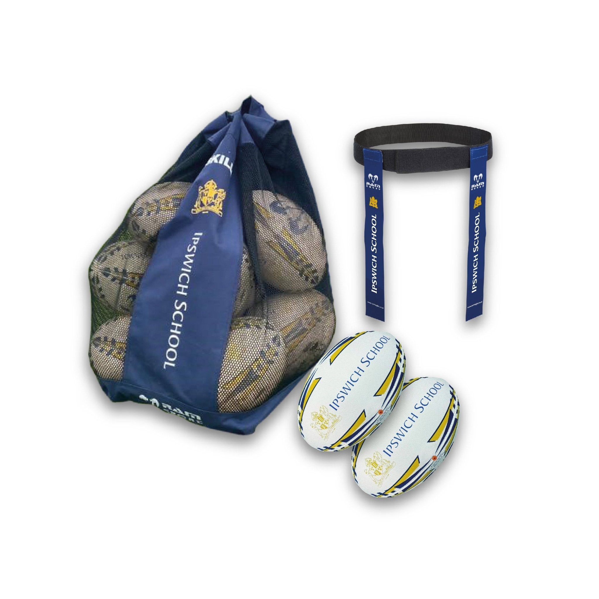 Ram Rugby custom match and training rugby balls, ball bags, and tag belt sets in branded team colors for clubs