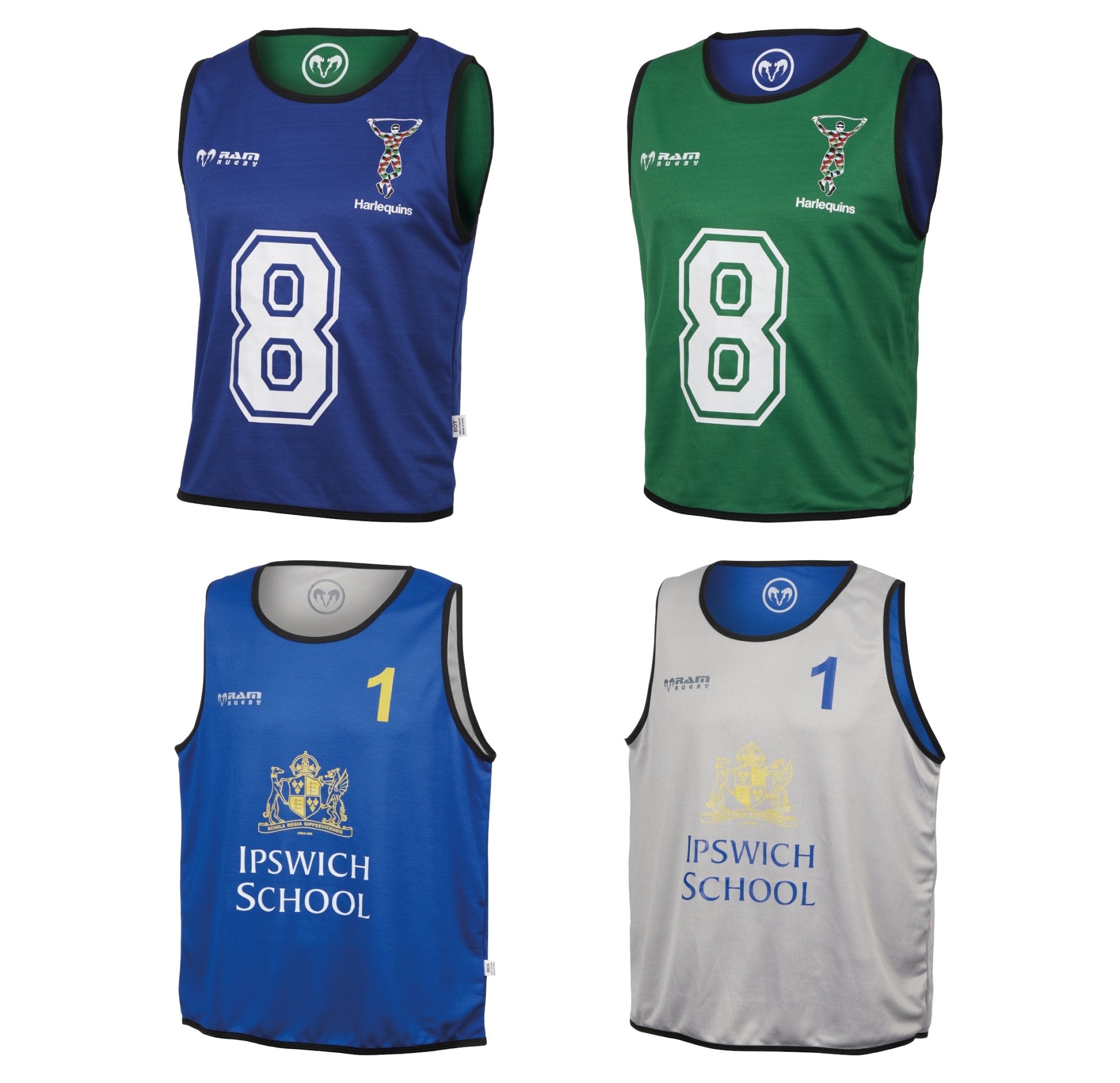 Ram Rugby custom match and training rugby balls with personalized sponsor logos, ball bags, and colorful training bibs set