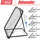 Doctor Sport Sport Rebound Net showing adjustable foldable frame and high-tension 100x100 cm training surface in black and blue.