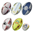 Set of Ram Rugby customizable training balls, ball bags, and tag belt sets in sponsored team colors and branding details