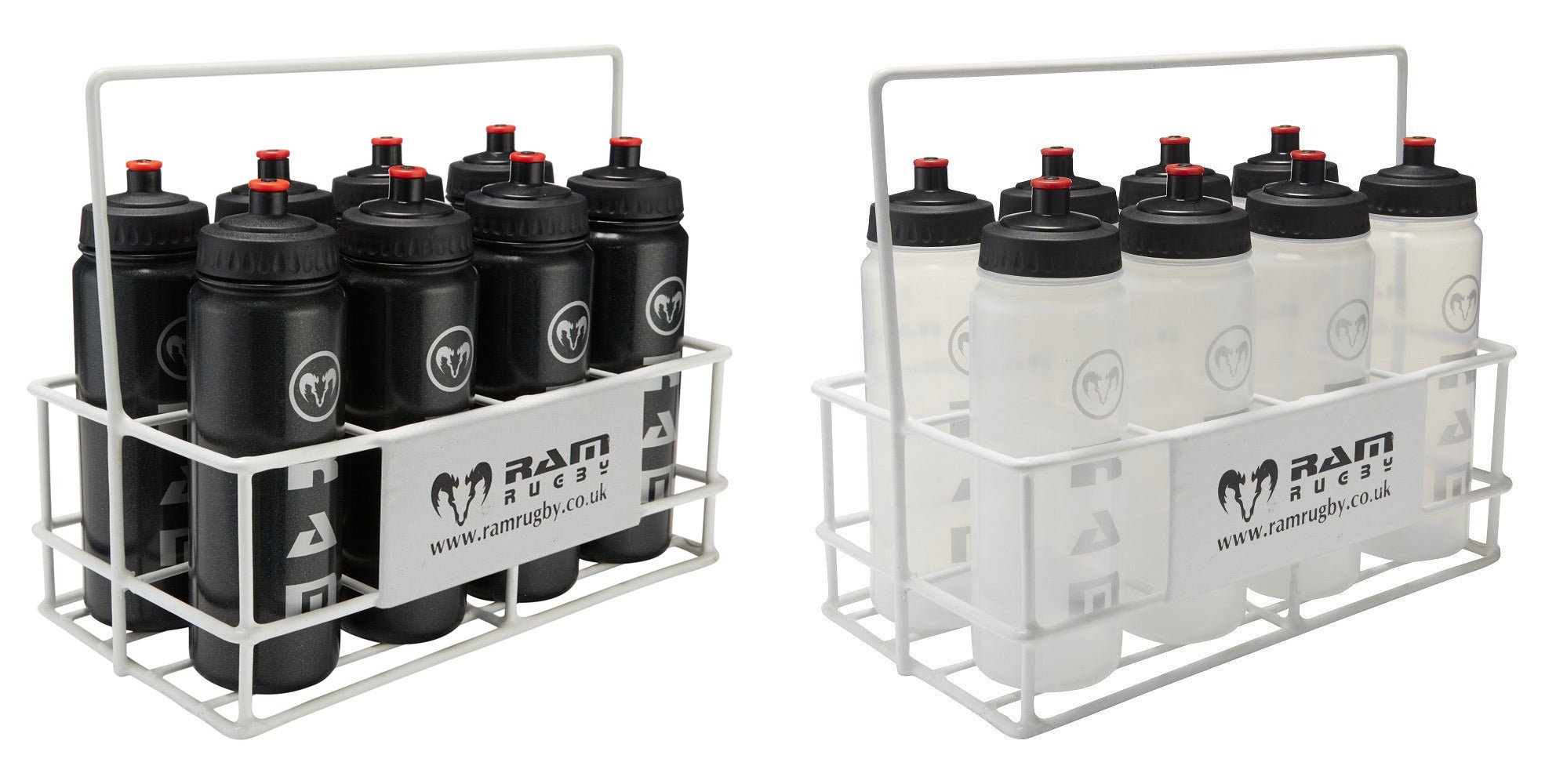 Ram Rugby 8 pack of 750ml clear water bottles with durable metal carrier crate for team sports hydration and training