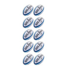 Set of 10 Gilbert Atom match rugby balls in white with black and orange accents, bundled with a breathable black ball bag
