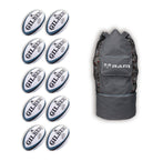 Ten Gilbert Kinetica rugby match balls stacked with the included breathable bag for senior club-level training and games