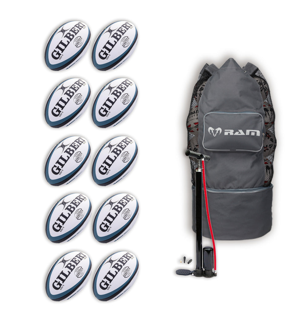 Stack of 10 Gilbert Kinetica senior rugby match balls with textured surface and durable rubber, shown with breathable storage bag