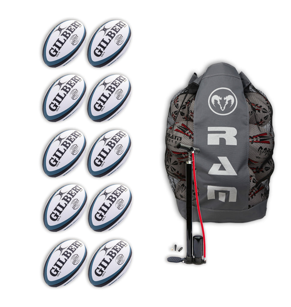 Ten Gilbert Kinetica rugby match balls stacked beside a breathable black mesh bag, ideal for senior club rugby training.