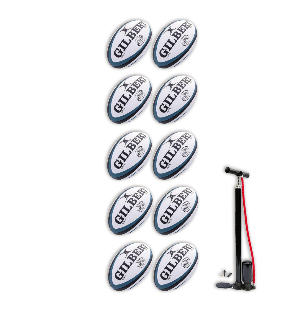 Set of 10 Gilbert Kinetica Rugby Match Balls stacked with a breathable black Gilbert branded carrying bag for club play