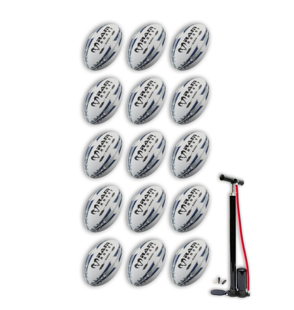 Ram Rugby Raider 2.0 Black Match Ball Bundle with 15 size 5 rugby balls and breathable black storage bag for transport