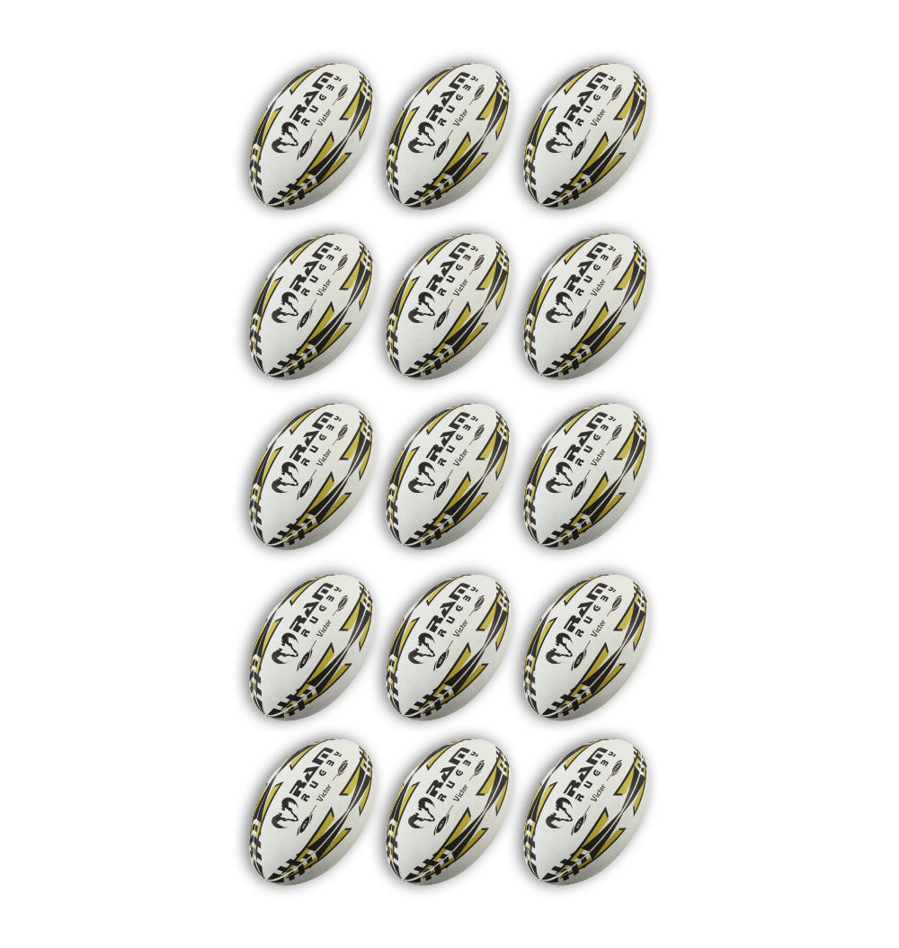 Stack of 15 gold Ram Rugby Victor 2.0 Elite size 5 match balls bundled with a breathable bag for team training use